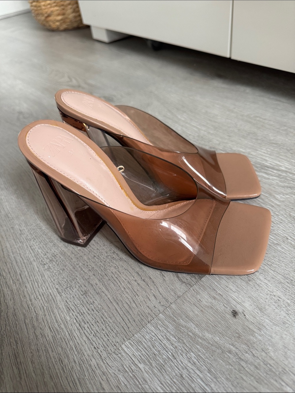 NEW Zara Brown Clear PVC Block Heel Mules